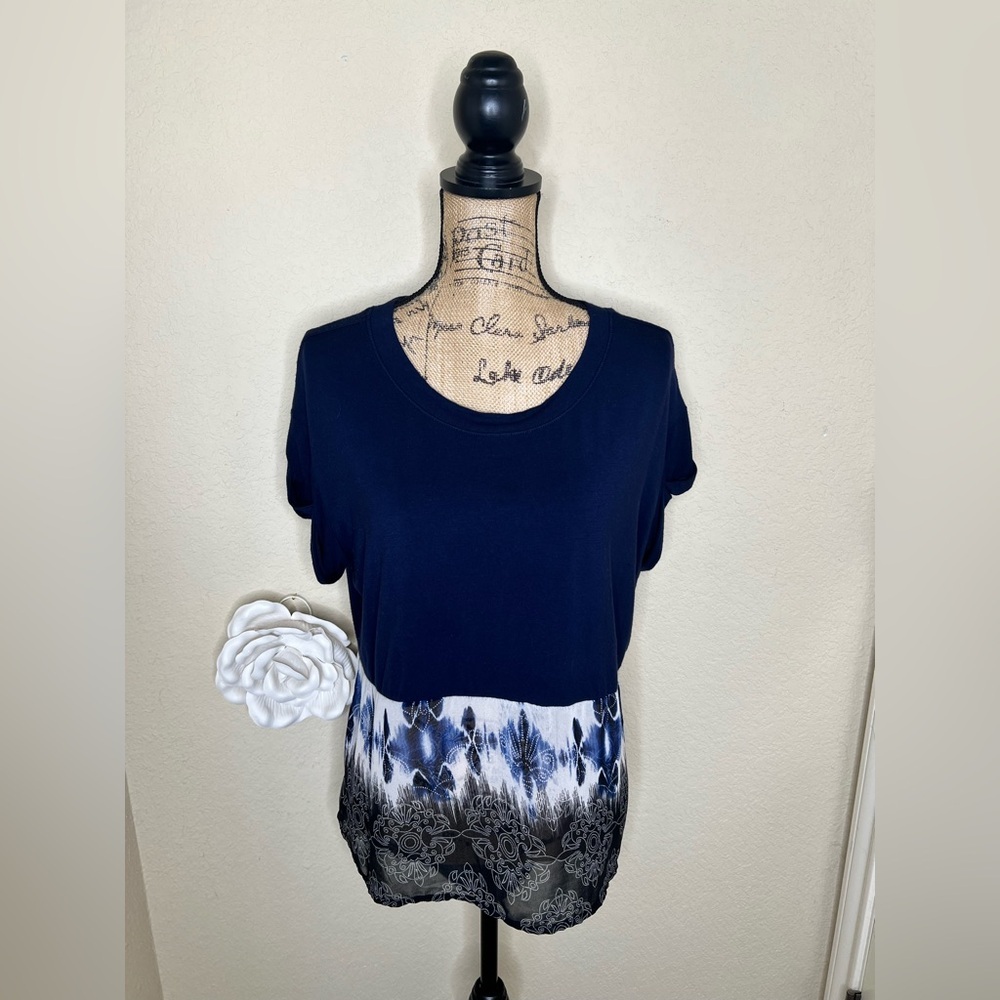 NTM: Democracy Navy Blue Tie Dye High Low Top Sheer Hem Relaxed Fit Size M
